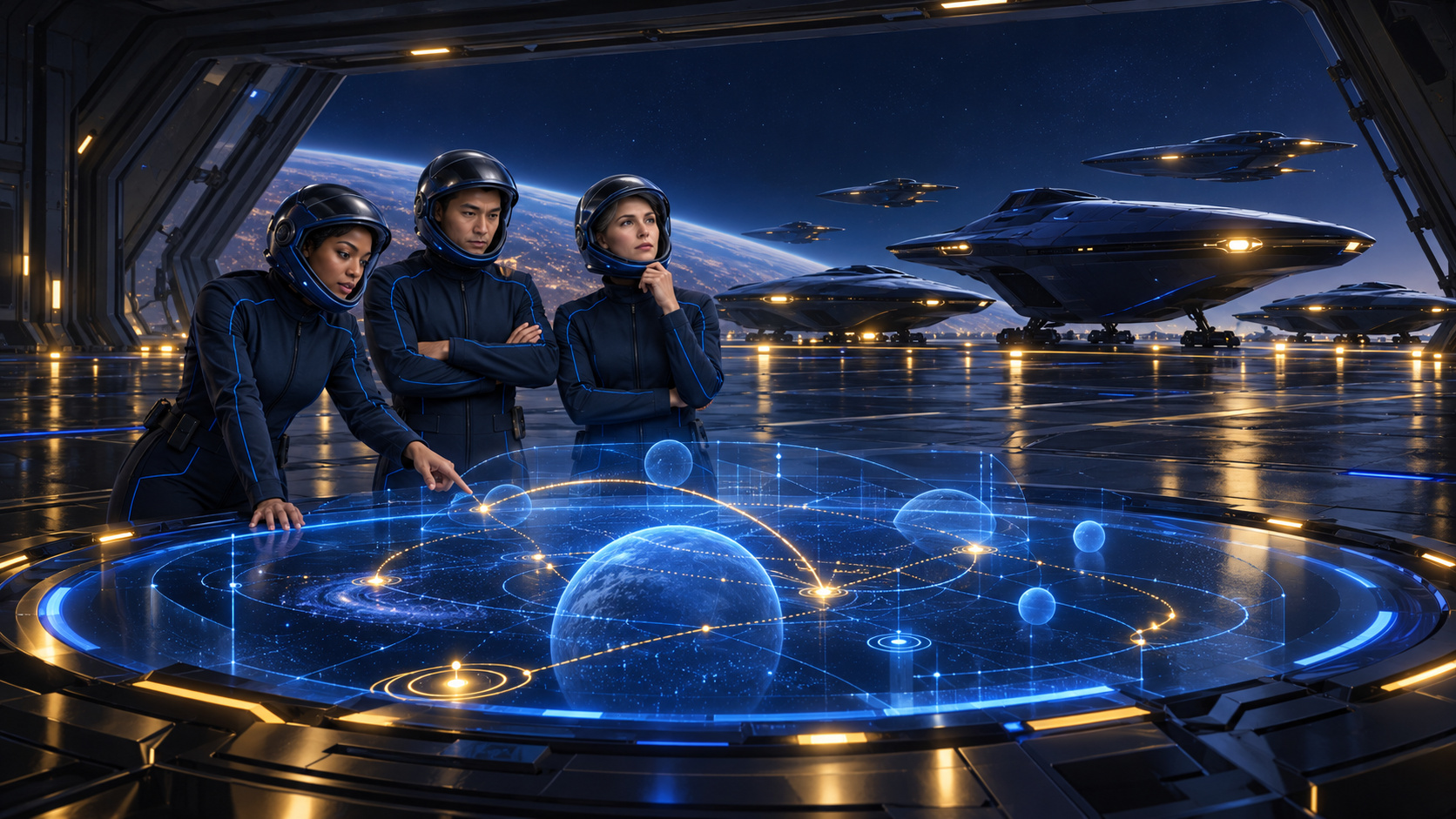 Crew plans a trip at a holographic map while a small fleet waits outside