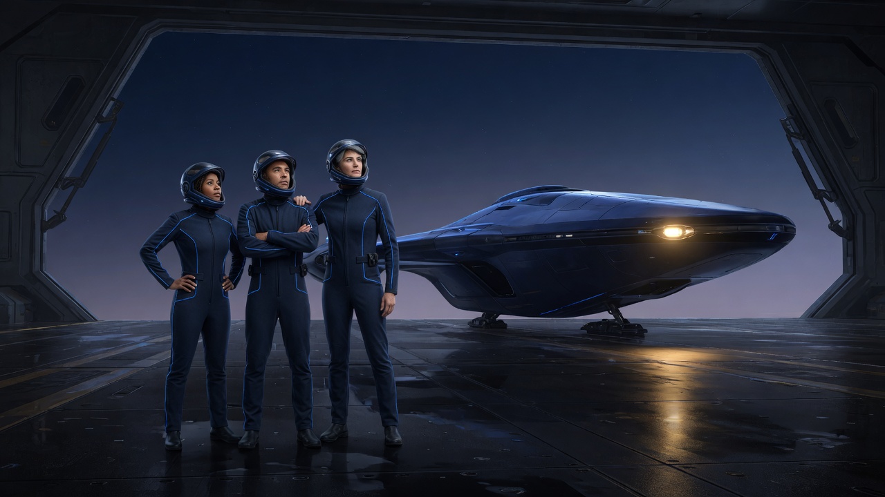 Three pilots in navy flight suits stand on a hangar deck beside a dark starship at night