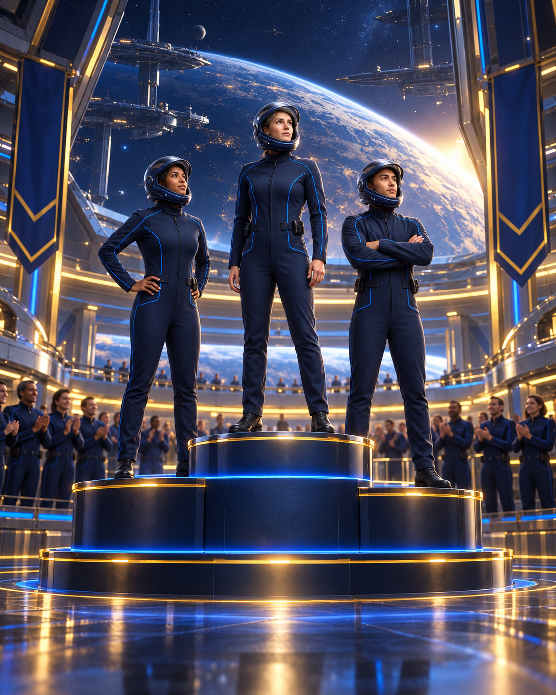 Three pilots stand on a lit podium in an orbital station